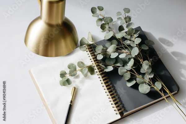 Fototapeta sleek modern workspace featuring a gold desk lamp, open notebook