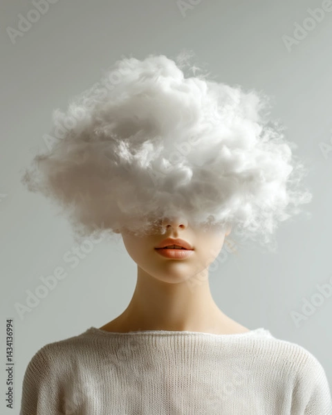 Fototapeta surreal female portrait with head transformed into fluffy cloud, minimal white background