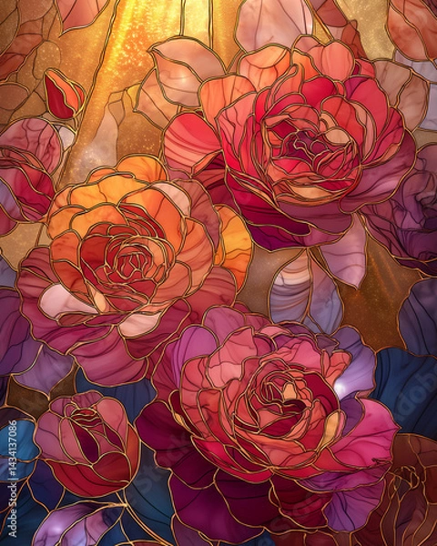 Fototapeta Vibrant stained glass of roses in ombre hues, from dark red to soft pinks