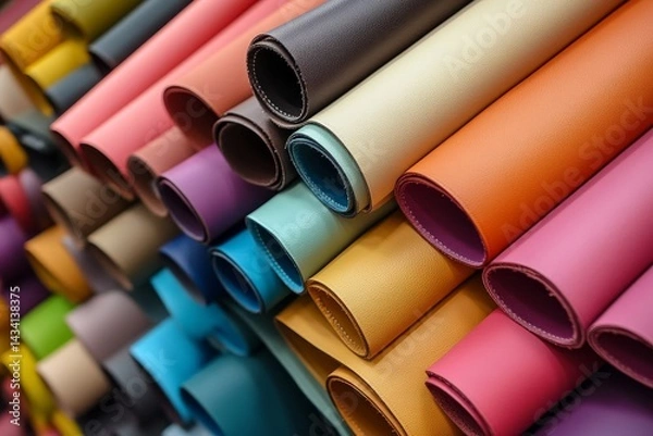 Fototapeta Colorful rolls of various synthetic materials stacked in a display.