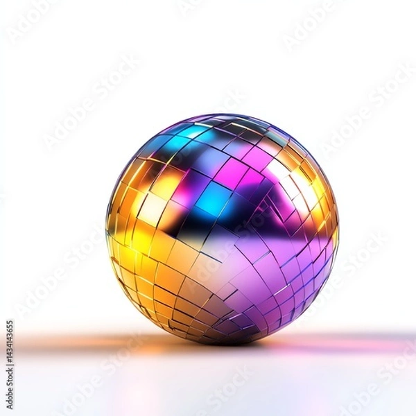 Fototapeta Reflective disco ball with colorful facets on a white background.