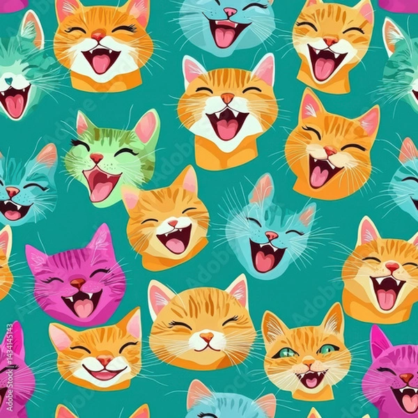 Fototapeta Colorful cartoon cats in seamless pattern with bold expressions