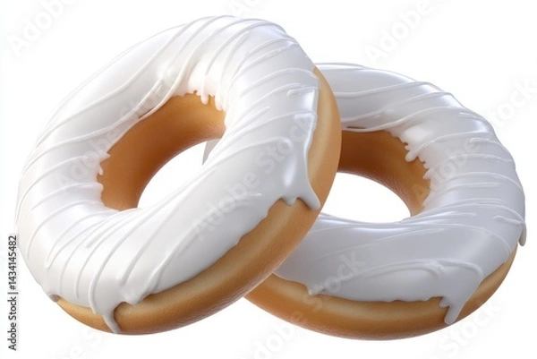 Fototapeta Two Delicious Donuts with Creamy White Frosting on a Clean White Background in a Studio Setting with a Soft Lighting Style and a High Resolution