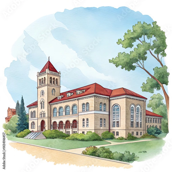 Fototapeta Watercolor illustration of a university building isolated on transparent background, perfect for educational and architectural design projects.


