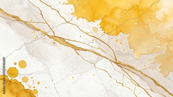 Fototapeta Luxury yellow watercolor background with golden marble texture and shiny veins, elegant abstract design for invitations, prints, and modern decor

