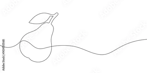 Fototapeta Minimalistic one line art illustration of a pear with a leaf, drawn in black. Continuous line drawing of pear fruit. Vector illustration
