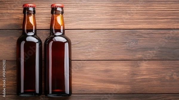 Fototapeta Two brown glass bottles of beer on a wooden surface, showcasing a rustic and inviting aesthetic.