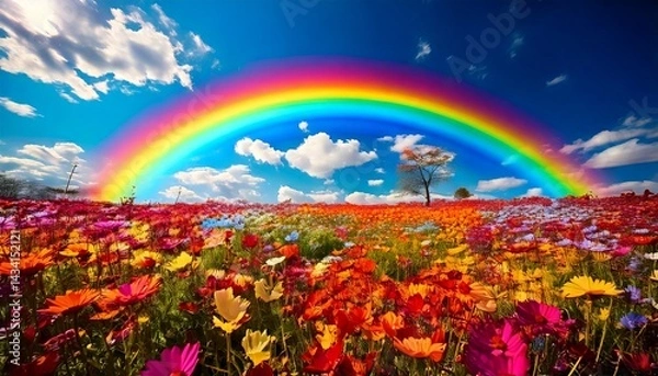 Obraz 虹がかかる花畑の風景、青空と雲に広がる花の絨毯、カラフルな花畑と大きな虹、晴天に咲く満開の野花、夢のような自然風景、春の彩りと輝く空、一本の木と広がる花野原、虹と花が織りなす風景、鮮やかな空と花のコントラスト、ポジティブな雰囲気の自然イメージ
