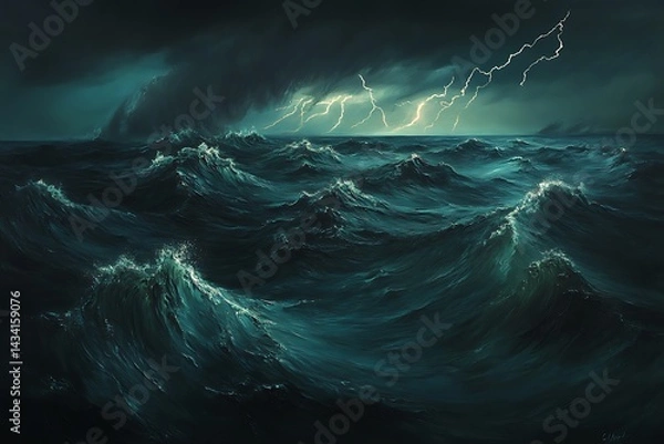 Fototapeta A dark, turbulent ocean painting with streaks of lightning illuminating jagged waves.