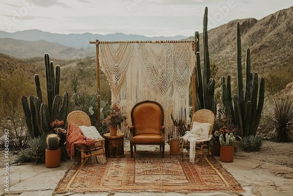 Fototapeta A desert wedding backdrop with cacti, terracotta accents, and bohemian textiles for a warm, earthy atmosphere