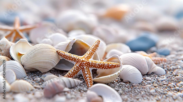 Fototapeta Seashells And Starfish On Sandy Beach
