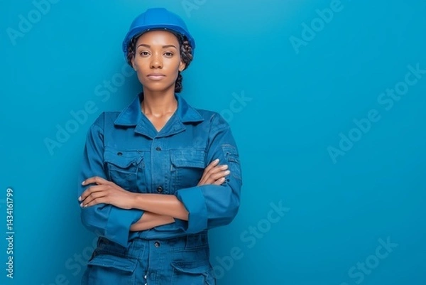 Obraz African American woman blue collar worker standing in uniform crossing arms, isolated blue background, showing pride and confidence in skilled labor.
