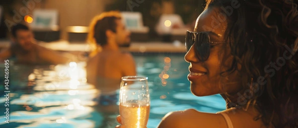 Fototapeta Luxurious pool party vibe with a close-up of a champagne flute, sparkling water in the background, and a sunlit woman in a swimsuit. Summer celebrations, leisure ads, or tropical lifestyle