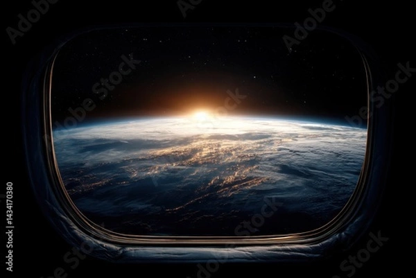 Fototapeta Earth horizon sunrise seen through spacecraft window with glowing city lights and starry sky above creating a sense of wonder and exploration in deep space