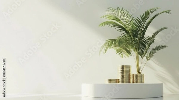 Fototapeta Financial growth concept with money placed on a podium, rendered in 3D and isolated on a white background for business visuals