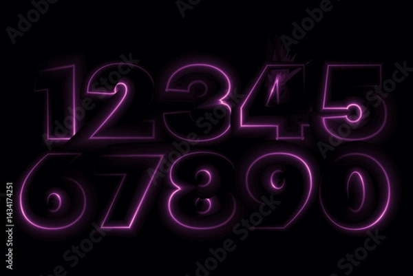 Fototapeta neon set numbers, Set of 3d render, numbers one glowing in the dark, pink blue neon light. Abstract cosmic vibrant color digit neon glow. Glowing neon lighting on dark background. Numbers futuristic 