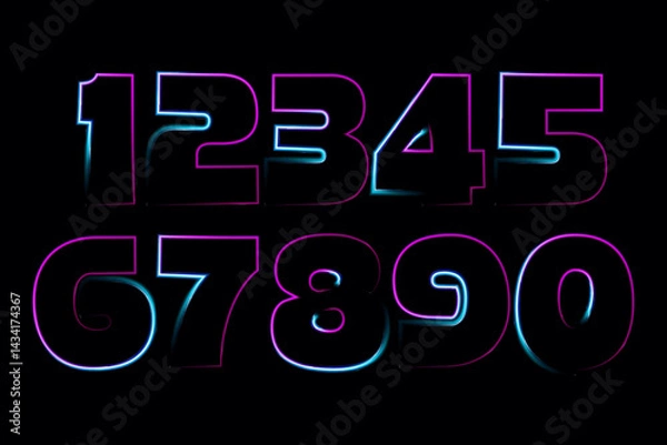 Fototapeta neon set numbers, Set of 3d render, numbers one glowing in the dark, pink blue neon light. Abstract cosmic vibrant color digit neon glow. Glowing neon lighting on dark background. Numbers futuristic 