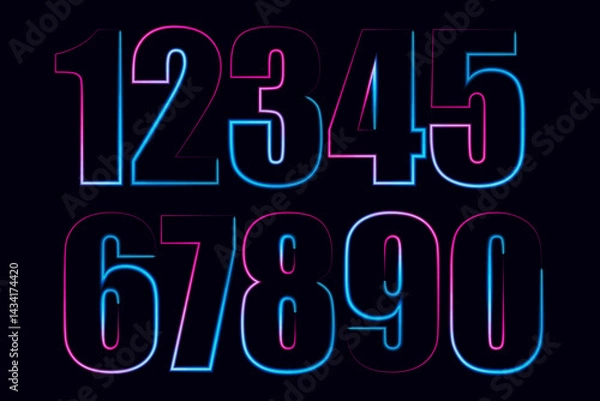 Fototapeta neon set numbers, Set of 3d render, numbers one glowing in the dark, pink blue neon light. Abstract cosmic vibrant color digit neon glow. Glowing neon lighting on dark background. Numbers futuristic 
