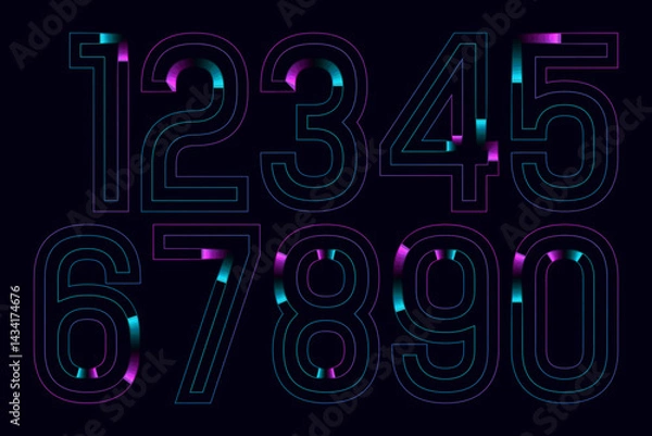 Fototapeta neon set numbers, Set of 3d render, numbers one glowing in the dark, pink blue neon light. Abstract cosmic vibrant color digit neon glow. Glowing neon lighting on dark background. Numbers futuristic 