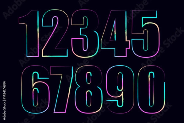 Fototapeta neon set numbers, Set of 3d render, numbers one glowing in the dark, pink blue neon light. Abstract cosmic vibrant color digit neon glow. Glowing neon lighting on dark background. Numbers futuristic 