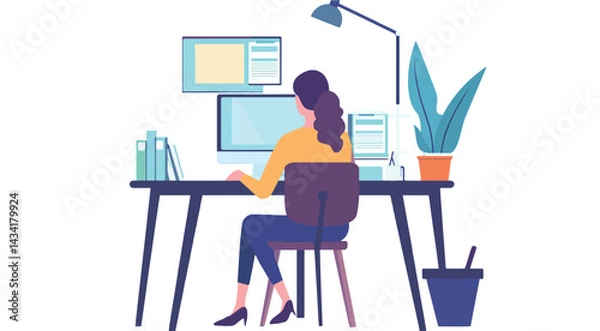 Obraz vector Woman Working at a Desk with a Computer