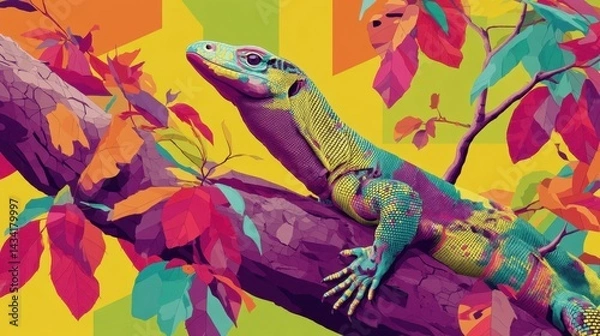 Fototapeta Vibrant lizard on a colorful branch.