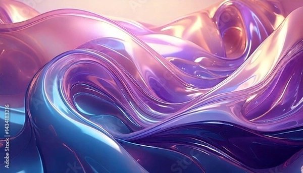 Obraz 滑らかな光沢の抽象アート、パステルカラーの流体デザイン、波のように揺れるガラス質の曲線、近未来風のアブストラクト素材、ピンクとブルーのグラデーション背景、幻想的に輝く3Dテクスチャ、メタリックで柔らかな表現、透明感あふれる抽象ビジュアル、アート系インテリア素材、立体感ある幻想的デザイン
