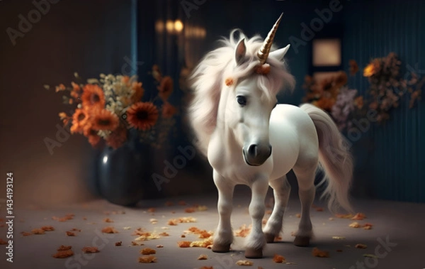 Obraz cute white  Unicorn baby posing near house. Digital artwork. Ai generated