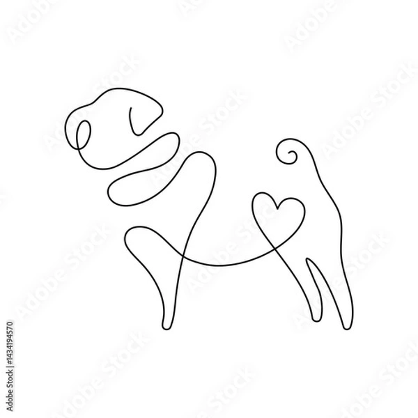 Fototapeta One line pug dog silhouette. Pug dog breed hand drawn minimalism style vector illustration design.