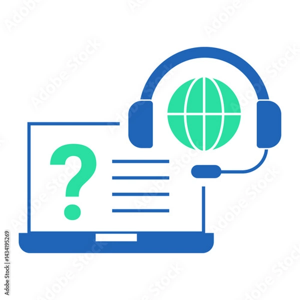 Fototapeta Online Knowledge Assistance. Laptop with question mark and headset representing help articles or guides