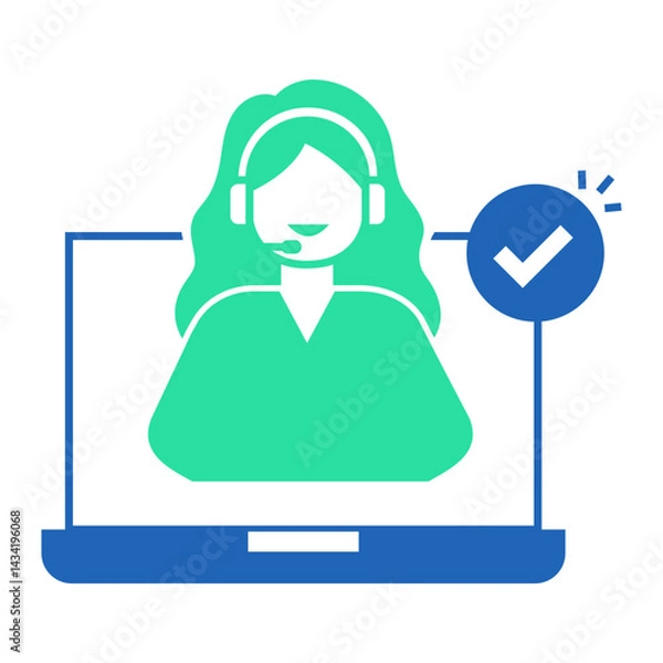 Fototapeta Female Support Agent Verified. Laptop with female agent and verification check for confirmed customer support