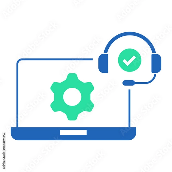 Fototapeta Laptop with Support Settings. Laptop screen with gear and headset for technical configuration support