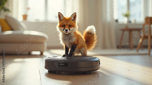 Fototapeta The image shows a red fox standing on top of a robot vacuum cleaner on the floor