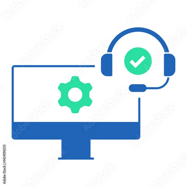 Fototapeta Desktop with Support Verification. Monitor with gear and verified headset indicating trusted desktop support