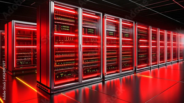 Fototapeta Futuristic server room with illuminated racks, showcasing advanced technology and data processing