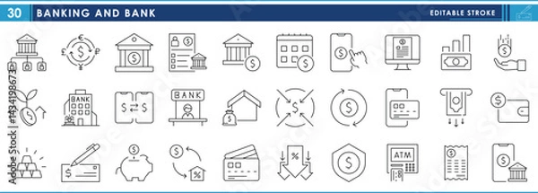 Fototapeta A set of line icons related to Banking and Bank. Bank, money, mobile, piggy, ATM, growth, statement, and so on. Vector editable stroke.
