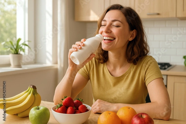 Obraz Woman drinking yogurt from bottle for healthy breakfast or snack. Nutrition and digestion concept for health and wellness. Diet and lifestyle.