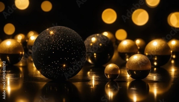 Fototapeta Several spheres of various sizes and textures are arranged on a reflective surface. In the background are blurred out of focus points of light