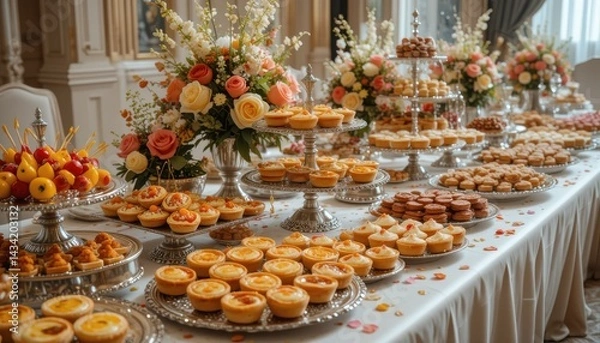Fototapeta An array of small baked items are displayed on various serving dishes. Flowers decorate the table