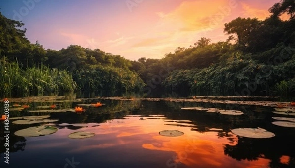 Fototapeta A body of water with lily pads is surrounded by foliage. The sky is illuminated in shades