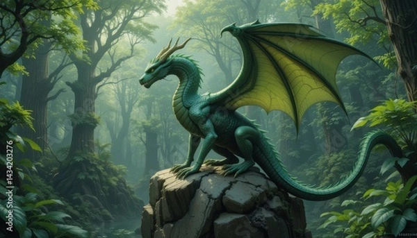 Fototapeta A winged creature is perched on a rock. The creature has horns. The environment is a forest