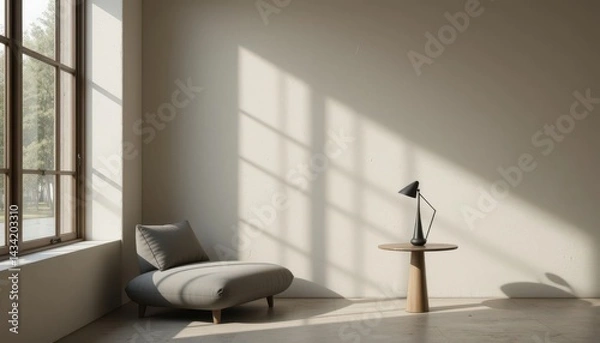 Fototapeta The image shows an interior with a large window letting in light, a lounge chair, and a round table with a lamp. The walls are a light shade, and the overall aesthetic is minimalist