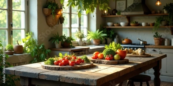 Fototapeta Rustic Kitchen Table Display Featuring Freshly Harvested Tomatoes, Pumpkins, and Other Vegetables Bathed in Warm Sunlight