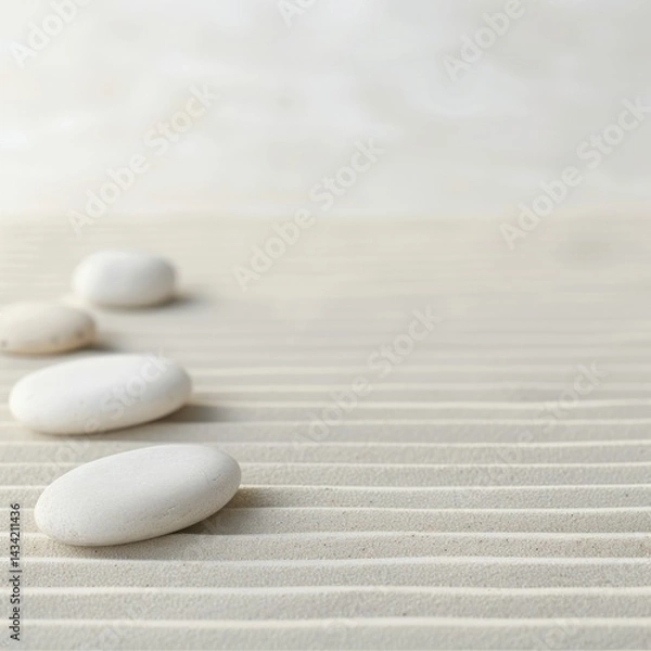 Fototapeta A serene composition of smooth white stones arranged on a textured sand surface, evoking calmness and tranquility.