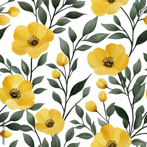 Fototapeta Seamless pattern Bright yellow flowers with green leaves create cheerful pattern