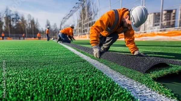 Obraz Workers installing an advanced irrigation system under a football field to maintain optimal grass conditions,Workers installing protective fences and benches around a newly constructed basketball cour