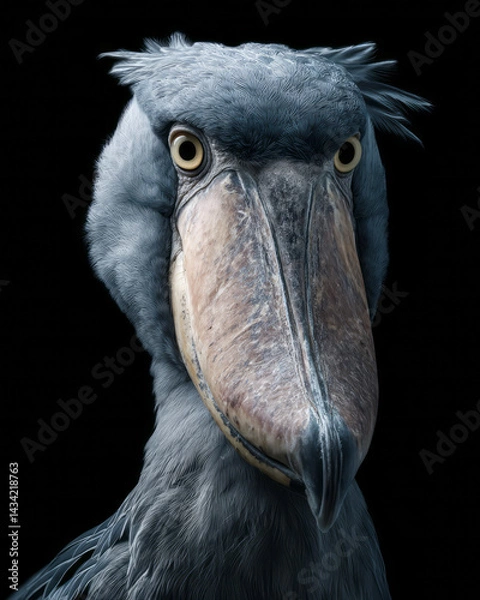 Fototapeta Intense close-up portrait of a shoebill stork, showcasing its massive beak and textured feathers against a dark background. AI generative.