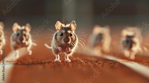 Fototapeta A group of adorable mice are running energetically on a track, showcasing their playful nature in a dynamic setting.