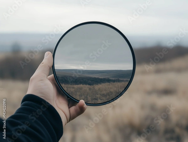 Fototapeta person holding mirror reflecting a different landscape