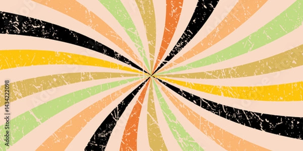 Fototapeta Retro sunburst background with wavy radial lines warm vintage colors like orange, cream, yellow,and beige on a white base, 1970s psychedelic style,clean vector grunge look,centered burst flat design		